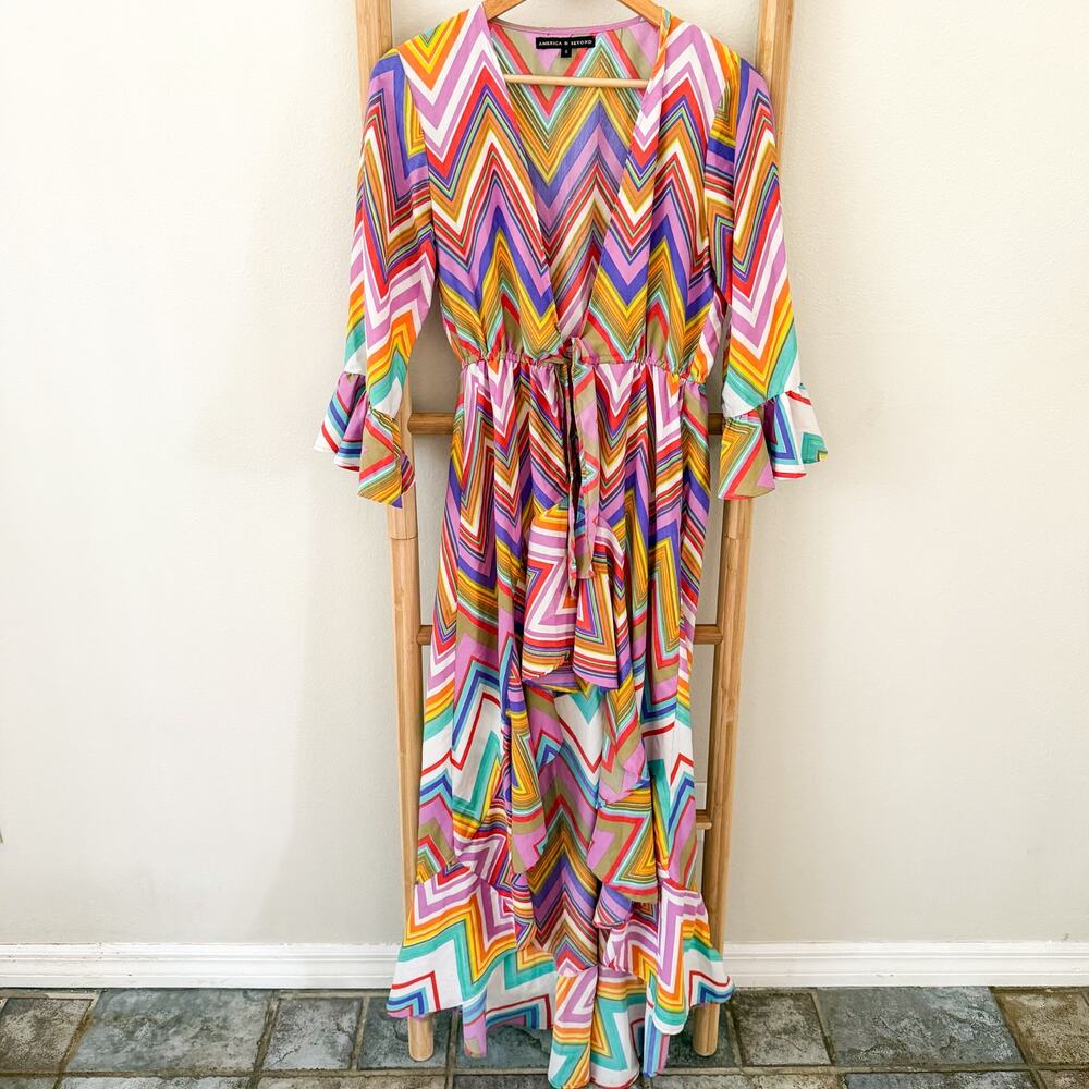 America & Beyond Chevron Maxi Coverup Dress Small Colorful Boho Tie Waist